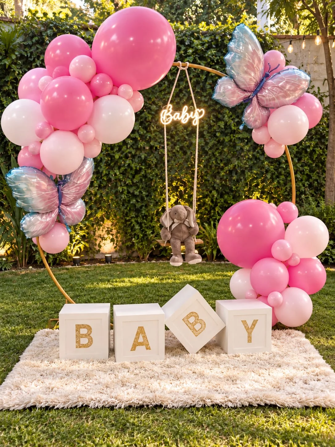 Baby shower en jardín con globos rosas, mariposas decorativas, aro dorado y bloques BABY